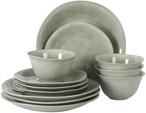 Gibson Elite Port Barton Plates and Bowls Sets, 12-Piece Stoneware Dinnerware Sets, Reactive Glaze Dish Set - Green by GibsonHomewares