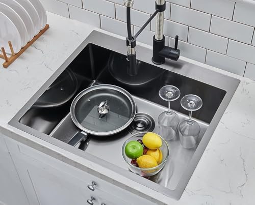 VAPSINT 25 x 22 Inch Black Drop In Kitchen Sink, 25 Inch Top Mount 16 Gauge Extra-Thick Stainless Steel Single Bowl Deep Small Kitchen Sink, RV Laundry Utility Sinks with Basket Strainer - Image 5