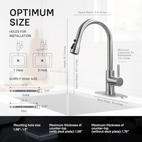 WEWE High-Arc Pull-Down Kitchen Faucet, Brushed Nickel, 3-Mode Sprayer - Image 3