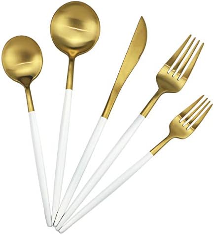 White Handle Matte Gold Silverware Set,Gugrida 5-Piece 18/10 Stainless Steel Satin Finish Flatware Set,Kitchen Utensil Set,Tableware Travel Cutlery Set for Camping Office Lunch, Dishwasher Safe by Gugrida