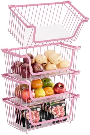 4 Pcs Stackable Wire Baskets for Pantry Organizers and Storage, Pink by GAOKASE