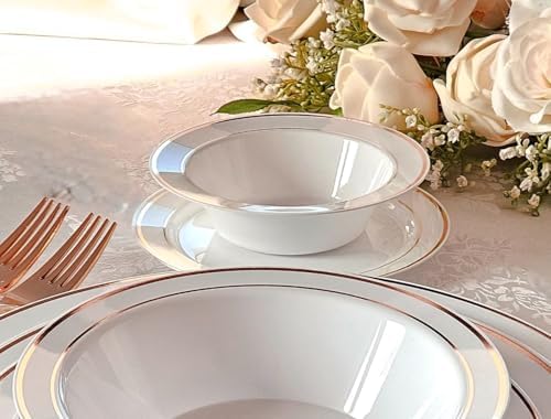 OCCASIONS 120 Plates Pack,(60 Guests) Heavyweight Premium Wedding Party Disposable Plastic Plates Set -60 x 10.5'' Dinner + 60 x 7.5'' Salad/Dessert (White & Rose Gold Rim) - Image 4