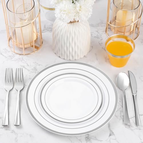 BESTVIP 600PCS Silver Plastic Plate Set (100 Guests), Disposable Plates for Party Wedding Birthday, Dinnerware Set of 200 Plastic Plates, 200 Forks, 100 Spoons, 100 Knives for Christmas - Image 5