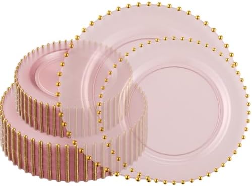 PLASTICPRO 128 Piece Combo Plastic Dinner Plates Disposable Plastic Fancy Heavy Duty Party Dishes 7 inch and 10 inch, Translucent Pink and Gold Beaded by PLASTICPRO