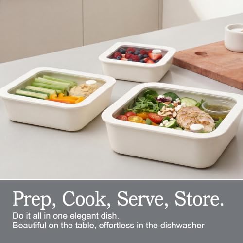 Urban Green Ceramic Coated Glass Food Storage Container with Airtight Glass Lid, Square Meal Prep Container, 20oz, 39oz, 65oz, microwave and Oven Safe, Non-Toxic Lunch Box, Cream color - Image 2