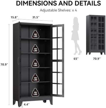 COFaR 71" Black Metal Pantry Cabinet with Glass Doors for Living Room - Image 2