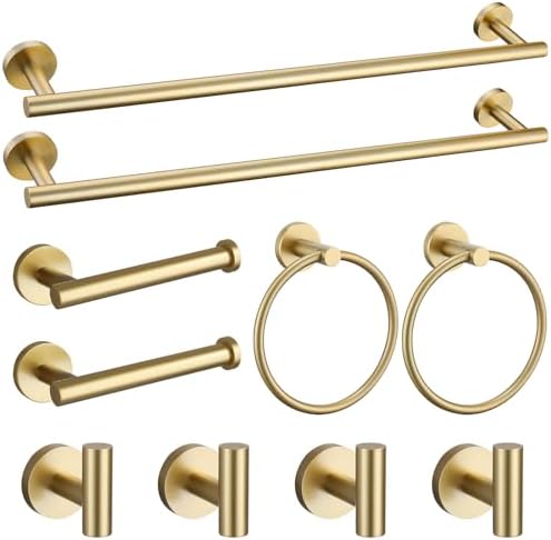Brushed Gold Towel Bar Set 10 Pieces Bathroom Hardware Accessories Set Towel Rack Set for Bathroom SUS304 Stainless Steel Toilet Paper Holder Wall Mounted, 23.6 Inch by SOAEZ