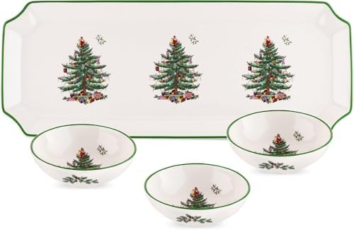 Spode Christmas Tree Rectangular Tray with 3 Dippin Bowls - Set of 4 by Spode