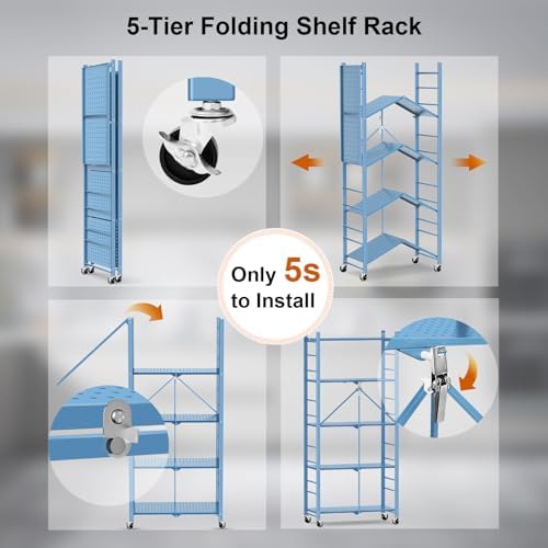 Himix 5-Tier Foldable Storage Shelves with 20 Hooks Wheels Garage Blue - Image 6