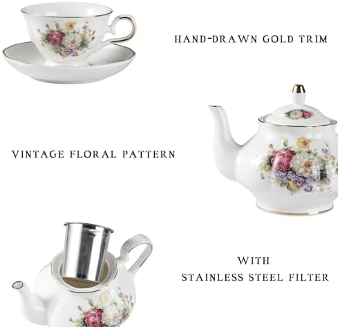 Sweejar Porcelain Tea Set Vintage Floral, British Relief Gold Rim Teapot Cup and Saucer Sets, 22-Piece Tea Sets for Adults, with Teapot, Sugar Bowl, Milk Jug, Spoons, Cup and Saucer (Flower Style) - Image 2