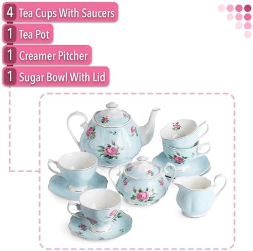 BTaT- Floral Tea Sets for Adults, 13 pcs, Service for 4, Pot (38 oz) & Cups (8 oz) with Saucers, Pastel Blue Floral Design, Porcelain Tea Set for Adult, Dishwasher Safe - Image 2