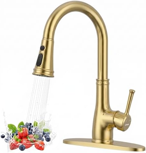 WEWE Vintage Kitchen Faucet, Pull-Down Sprayer, Brushed Gold, High Arc by WEWE