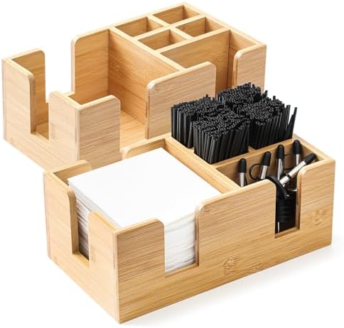 Mifoci 2 Pcs Bamboo Bar Caddy, Wood Napkin & Straw Holder Organizer by Mifoci