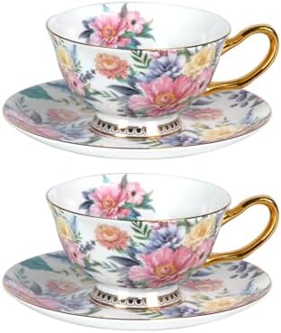 KAMMAK Tea Cups and Saucers Set of 2, Porcelain Coffee Cups, JBE018 by KAMMAK