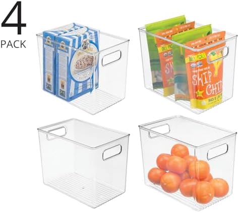 mDesign Plastic Deep Kitchen and Pantry Organizer Storage Bin with Handles for Cabinet, Fridge, Freezer - Food Storage Containers for Snacks, Yogurt Pouches or Fruit, Ligne Collection, 4 Pack, Clear - Image 2