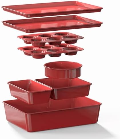 Larder & Vine 8-Piece Stackable Bakeware Set, Ceramic-Coated Nonstick Baking Pan Set, Non-Toxic, with Baking Sheets, Muffin Pan, Loaf Pan & Cake Pans, Cabernet by LarderVine