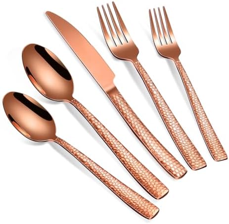 40-Piece Silverware Set, Rose Gold Hammered Stainless Steel Flatware Sets for 8, Food-Grade Tableware Set, Including Fork Knife Spoon Set, Home Kitchen Cutlery Sets, Dishwasher Safe by Remoxye
