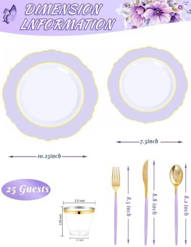 WDF 150Pcs Purple Plates Disposable - Baroque Lavender Purple and Gold Plates - 25Guest Plastic Dinnerware Ideal for Wedding/Party/Birthday/Bridal Shower - Image 4