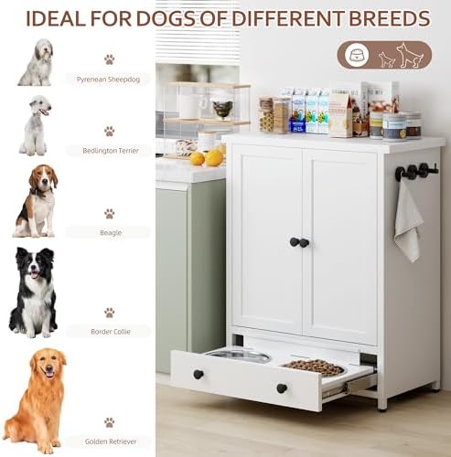 Dog Feeding Station with Storage, Metal Dog Food Storage Cabinet with 2 Elevated Bowls and 3 Hooks, Pet Feeding Station and Dogs Food Storage Organizer - Image 6