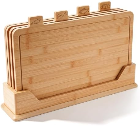 Labeled Bamboo Cutting Board Set with Storage Rack, 4-Piece Bamboo Chopping Boards for Meat, Fish, Bread & Vegetables, Kitchen Countertop Organizer with Holder, 19.9" x 4.7" x 12.6" by Makeyourlifemoreconvenient