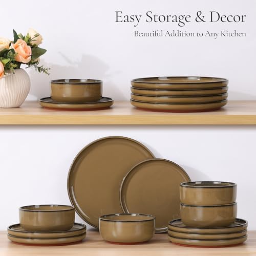 E-far Stoneware Dinnerware Sets for 6, 18 Pieces Reactive Glaze Plates and Bowls Sets, Elegant Dishes with Rustic Terracotta Clay Base, Dishwasher & Microwave Safe, Scratch Resistant, Deep Camel - Image 6