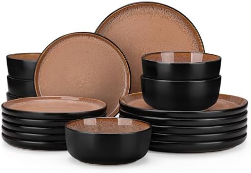 vancasso Plates and Bowls Sets, 18 Pieces Stoneware Dinnerware Sets for 6, Kitchen Dish Set Mircowave and Dishwasher Safe Ceramic Dishware, Dark Brown, Series AMBER by vancasso