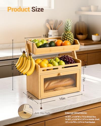Bread Box for Kitchen Countertop, Bamboo Bread Storage with Fruit Basket - Image 7