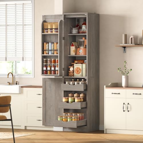 Itaar Narrow Kitchen Pantry Cabinet with 3 Door Shelves & 3 Drawer, Grey by Itaar
