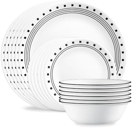 Corelle Vitrelle 18-Piece Service for 6 Dinnerware Set Triple Layer Glass and Chip Resistant, Lightweight Round Plates and Bowls Set, City Block by Corelle