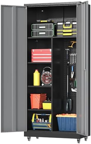 Metal Garage Storage Cabinet with 2 Doors, Adjustable Rolling Tool Storage Cabinet with Lock, 71" Steel Locking Broom Closet with Wheels and Shelves for Garage, Warehouse(Black&Gray, 71" H) by Firstsky