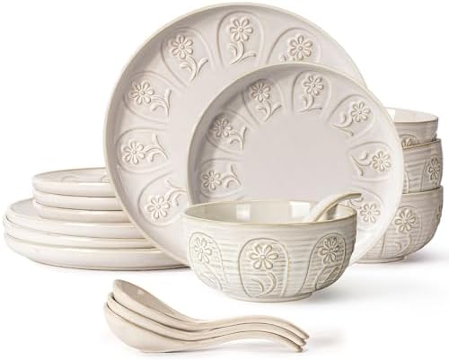 Artena Plates And Bowls Sets, 16 Pieces Dinnerware Sets, Dish Set For 4, Ceramic Kitchen Bowl And Plate Set, Embossed White Dishware Sets, Dishwasher & Microwave Safe (Pinwheel Flower) by Artena