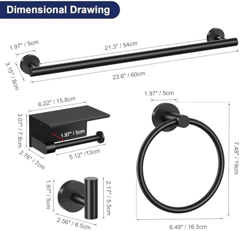 Lairuier Bathroom Hardware Set Matte Black, Towel Holder Set Wall Mounted - Image 7