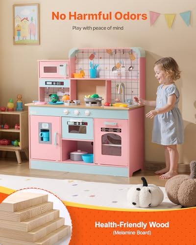 VEVOR Wooden Play Kitchen Toy, Play Kitchen for Kids with Lights and Sounds, Toddler Kitchen with Ice Maker, Oven, Sink, Microwaves, Fridge and Utensil and Fruit Accessory for Toddlers, Pink - Image 6