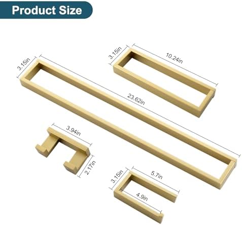4-Piece Modern Gold Bathroom Hardware Accessories Set - Towel Bar & Holder, Stainless Steel, Wall Mounted, 23.6 Inch - Image 6