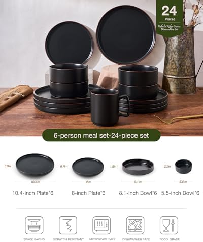 Famiware Nebula Ridge 24-Piece Dinnerware Set with Pasta Bowls, Matte Black - Image 2
