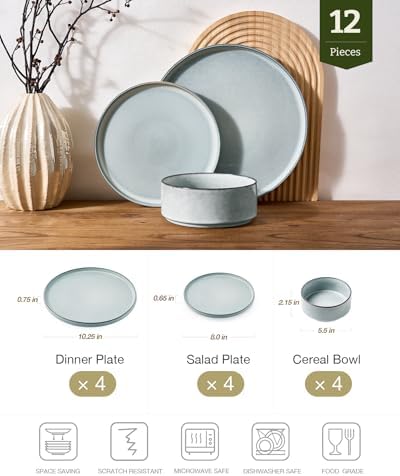 Famiware Annecy 12-Piece Stoneware Dinnerware Set, Grey Blue - Image 2