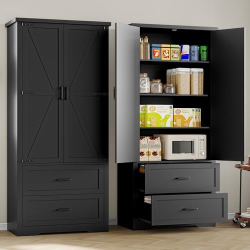 BORNOON Pantry Organizers and Storage Cabinet, 71” Barn Door Black Kitchen Cabinet with Drawers and Adjustable Shelf, Tall Pantry for Kitchen, Dining Room, Living Room, Bathroom and Office - Image 4