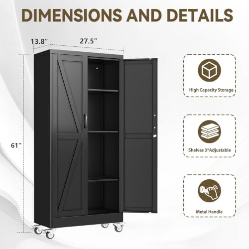 Metal Storage Cabinets with Wheels, Steel Tool Cabinets Lock Door and 3 Adjustable Shelves for Home Office, Garage, Kitchen (Black, 61" H) - Image 2