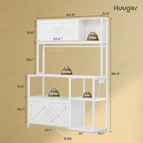 Huuger Large Bakers Rack with Power Outlet, Kitchen Microwave Stand with Cabinets, Coffee Bar Table Station with Storage, 6 S-Shaped Hooks, Mesh Shelves, 45 Inch Wooden Top, White - Image 3