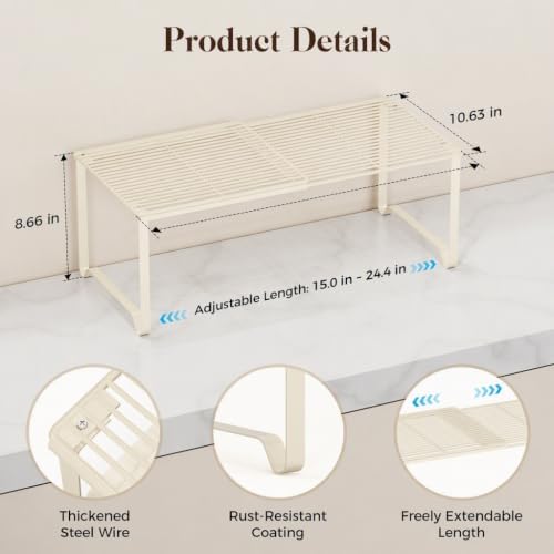 Extendable Metal Wire Shelf Organizer - Adjustable 15-24.4in Length, Stackable Storage Rack for Kitchen/Pantry/Bathroom/Shoe Cabinet/Tool Closet (Cream, 4 Pack) - Image 2