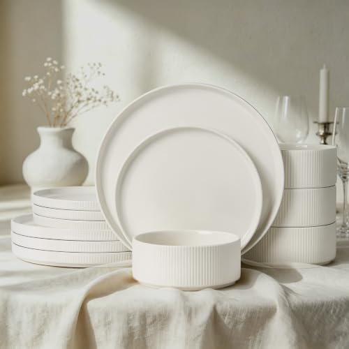 Stoneware Dinnerware Sets for 4, 12Pcs Plates and Bowls Set, Cream White by ALOFMO