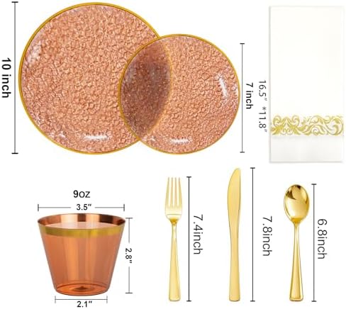 Rubtlamp 350 Pcs Brown Plastic Dinnerware Set (50 Guests), Amber And Gold Plastic Plates, Coffee Hammered Party Plates Set Include Dinner Plates, Dessert Plates, Cups, Cutlery Set Napkins for Party - Image 2
