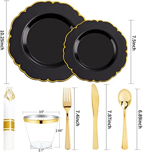 Morejoy 175PCS Black and Gold Plastic Plates, Black Plastic Dinnerware Set - Image 2