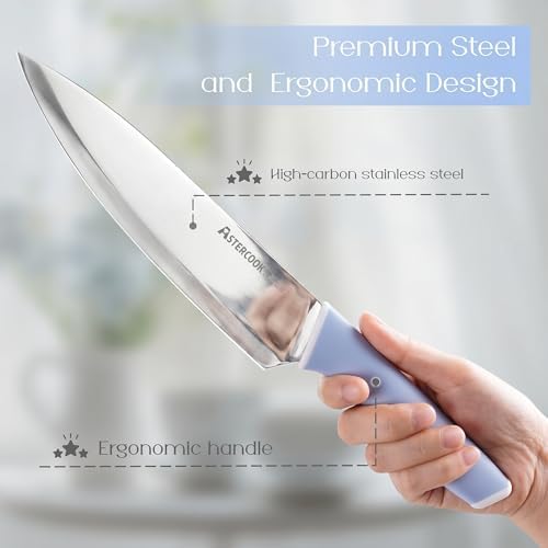 Astercook Kitchen Knife Set with Block and Sharpener 15 Piece German High Carbon Stainless Steel Sharp Blade Dishwasher Safe with Ergonomic Handle, Delicate Blue - Image 3