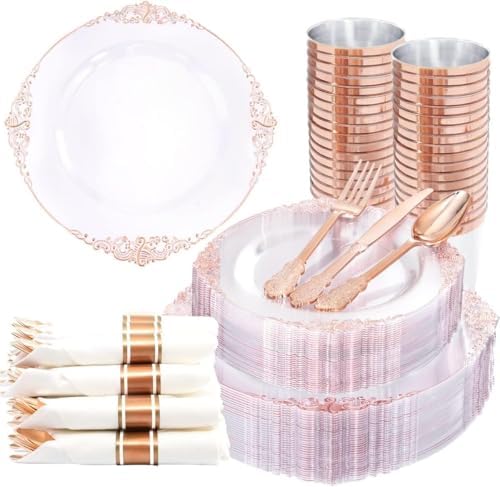 Nervure 350Pcs Rose Gold Plates, Disposable Dinnerware Set for 50 Guests by Nervure