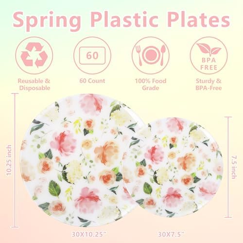 60 PCS Floral Plastic Plates - Pink Disposable Decorative Plates Include 30 Dinner Plate, 30 Dessert Plate for Wedding & Tea Party - Image 2