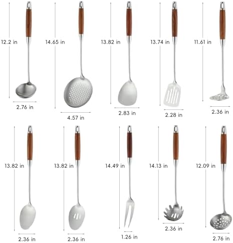 Izurok 18/10 Stainless Steel Kitchen Utensils Set,10 Piece Cooking Utensils With Wood Handle,Heat Resistant Kitchen Tool Set With Spatula,Spoon,Ladle,Skimmer,Slotted Turners,Pasta,Turner,Ladl,Fork - Image 2