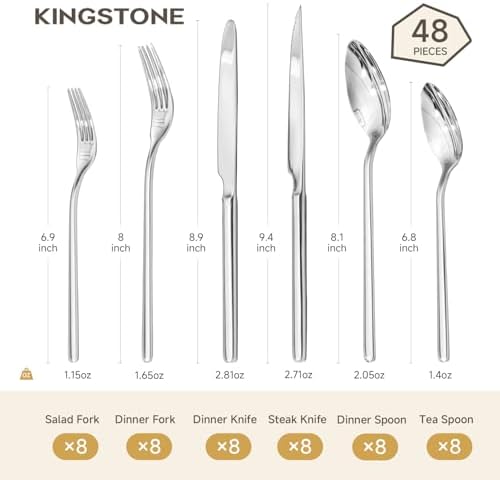 KINGSTONE 48-Piece Silverware Set with Steak Knives, Flatware Set for 8, 18/10 Stainless Steel Tableware Cutlery Set for Home Restaurant, Mirror Finish,Modern Design - Image 2