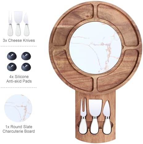 13.5" Round Acacia Wood Cheese & Charcuterie Board Set with Slate Chiller, Hidden Drawer & 420 Stainless Steel Knives/Forks - Ideal Wedding, Housewarming, Birthday Gifts - Image 4