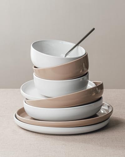 Famiware Milkyway 12-Piece Stoneware Dinnerware Set, White & Cinnamon Brown - Image 4
